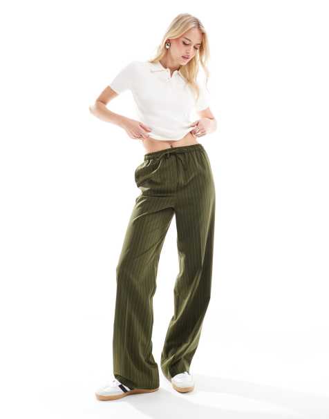 ASOS DESIGN Tall tailored pull on trousers in olive stripe - view 1