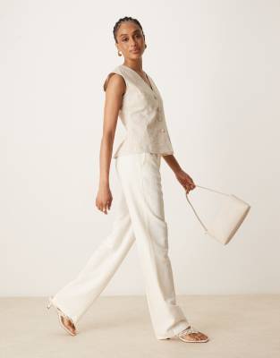 Tall tailored slim straight leg linen blend pants in cream-White