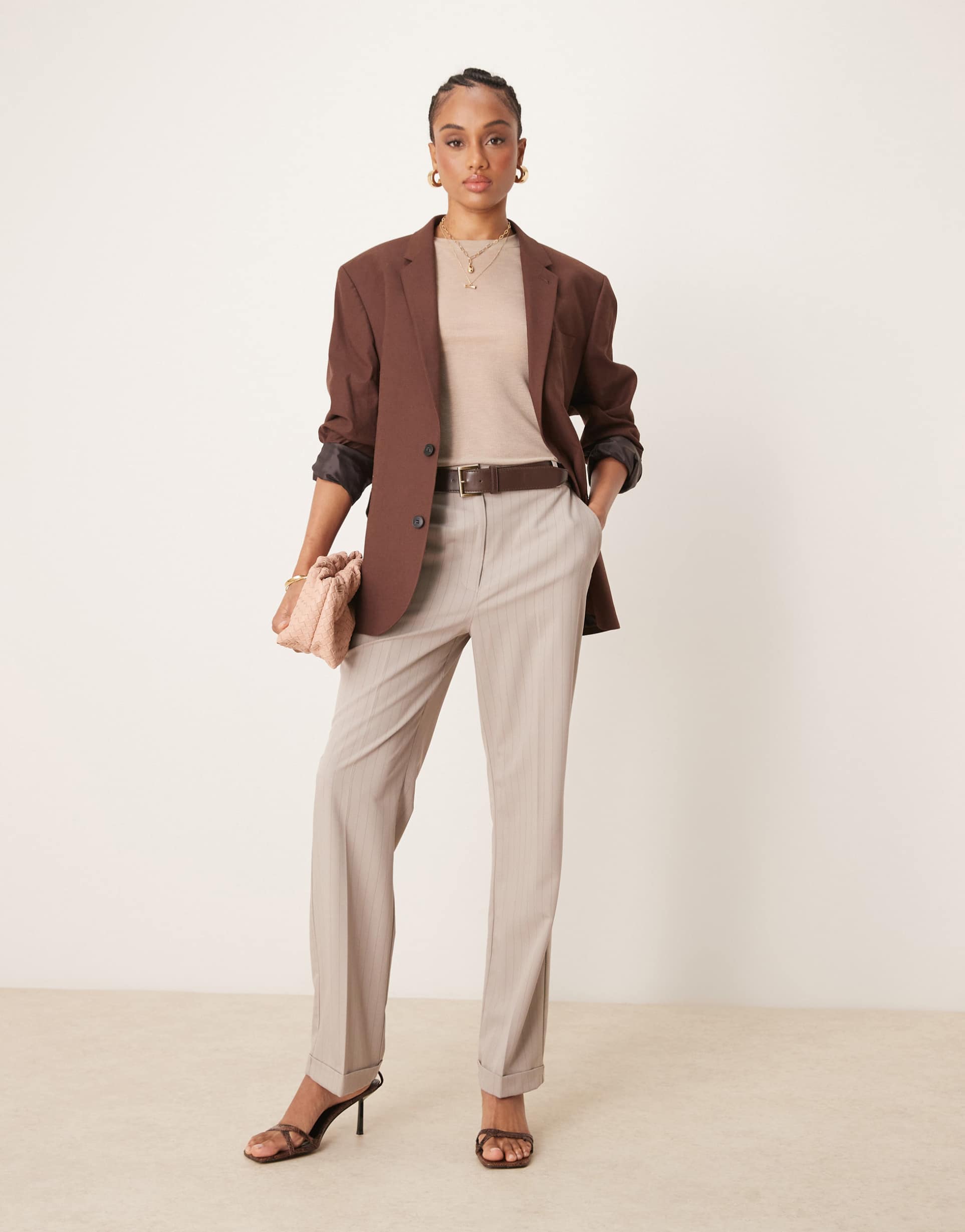 asos design tall tailored slim straight pants with belt in mink stripe