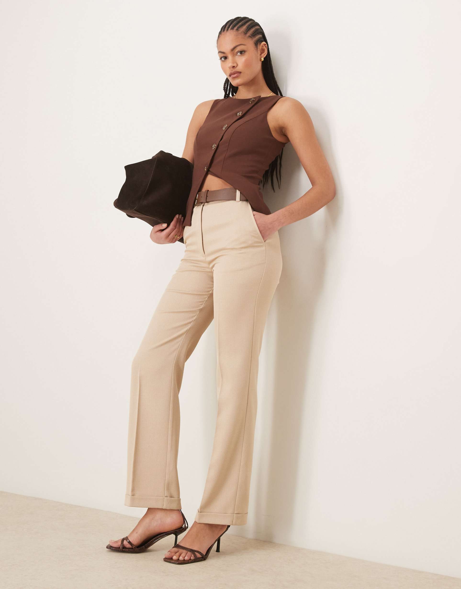 asos design tall tailored slim straight pants with belt in stone