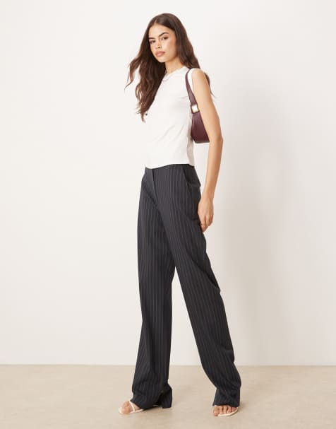 ASOS DESIGN Tall tailored slim straight pants with split in navy pinstripe - view 1
