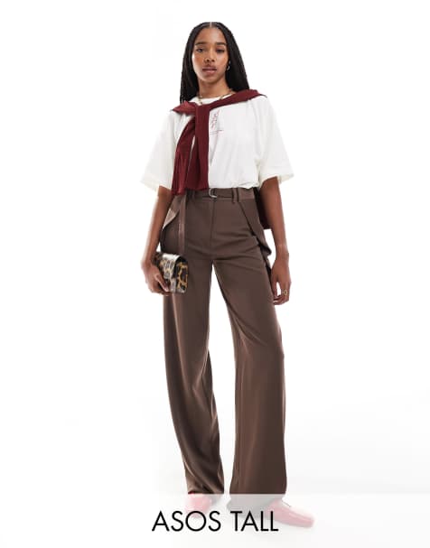 ASOS DESIGN Tall tailored slinky wide leg trousers with wrap pleat detail in chocolate - view 1