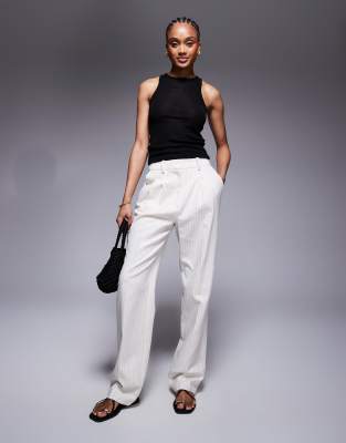 Tall tailored straight leg pants with pleat details in cream stripes-Multi