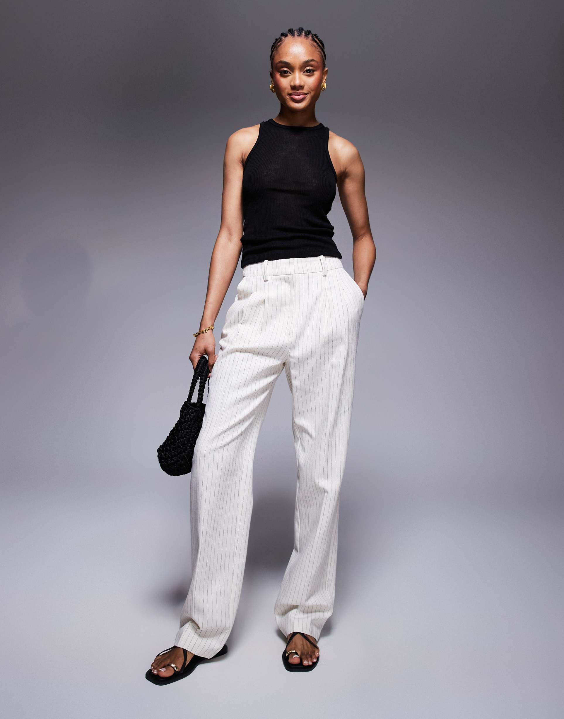 asos design tall tailored straight leg pants with pleat details in cream stripes
