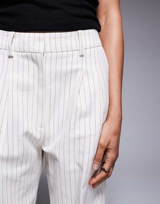 ASOS DESIGN Tall tailored straight leg pants with pleat details in cream stripes, 4 of 5