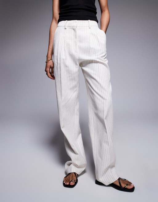 ASOS DESIGN Tall tailored straight leg pants with pleat details in cream stripes, 5 of 5