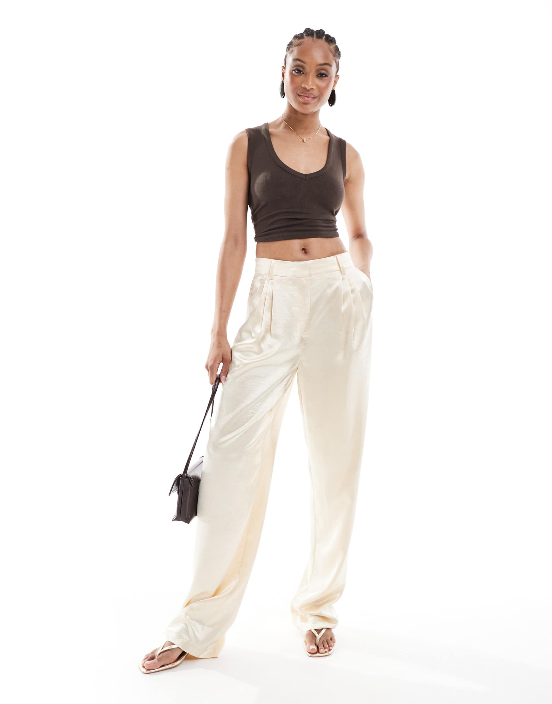 asos design tall tailored straight leg satin pants in ivory