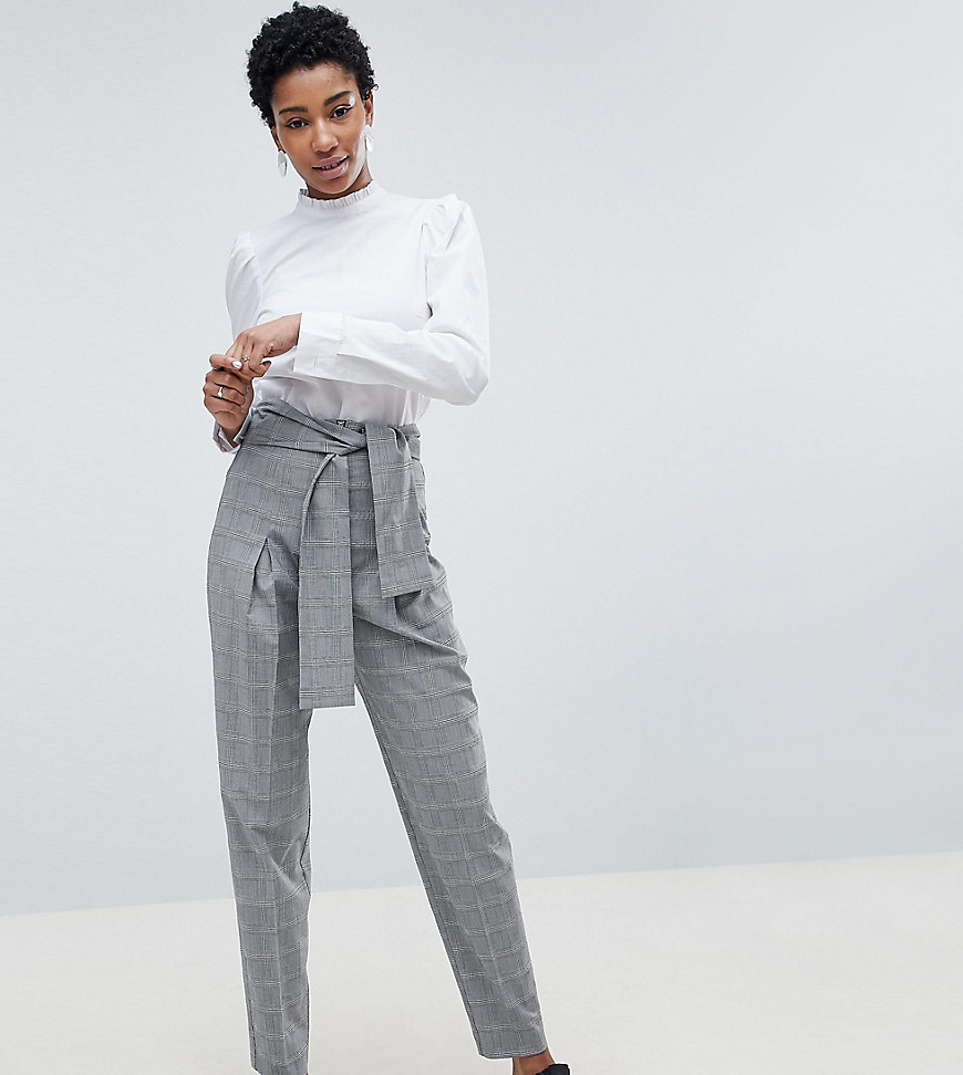 ASOS DESIGN Tall tailored tapered check trouser with obi self tie and exposed zip-Multi
