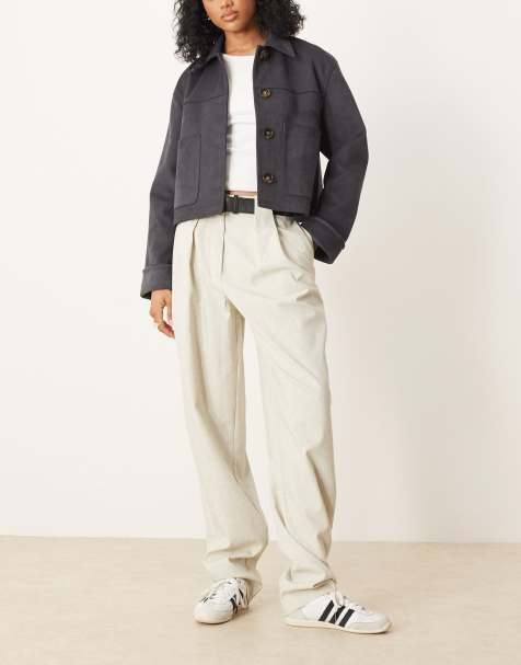 ASOS DESIGN Tall tailored textured barrel leg trousers with belt in off white - view 1