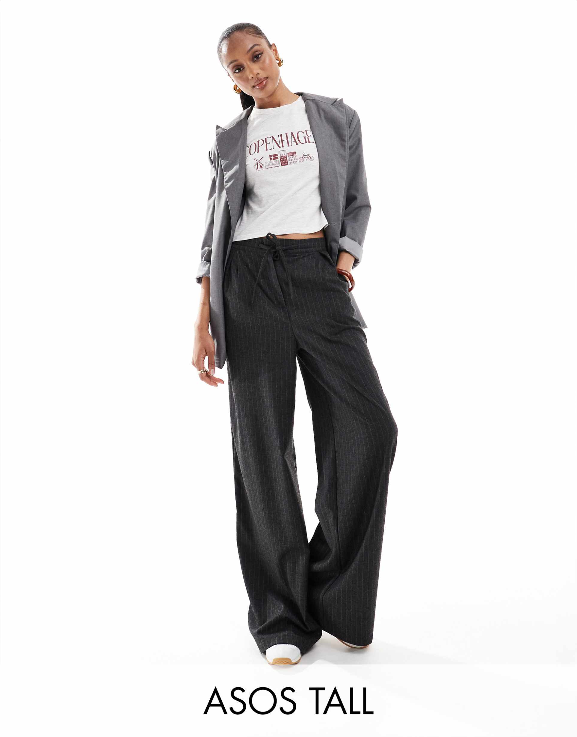 asos design tall tailored tie waist wide leg pants with pleat detail in brushed charcoal stripe