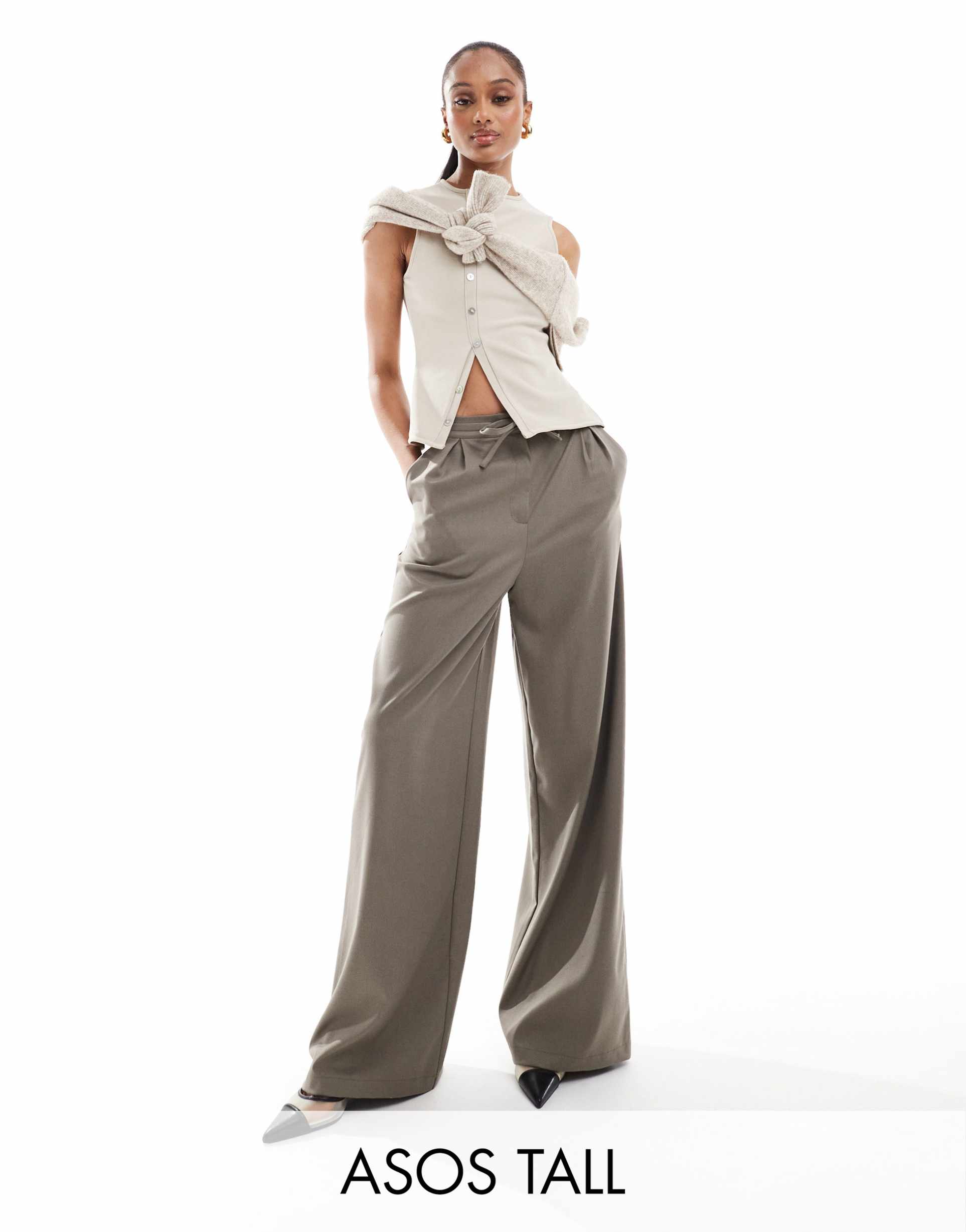 asos design tall tailored tie waist wide leg pants with pleat detail in brushed khaki