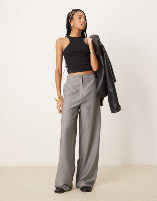 Tall tailored wide leg dad pants in gray-Black