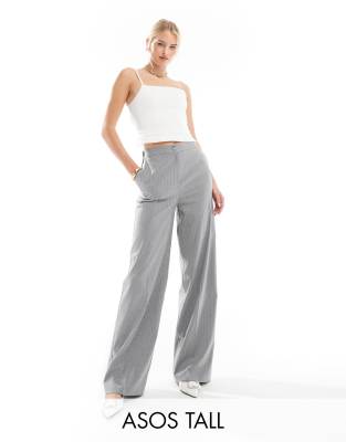 ASOS Tall ASOS DESIGN Tall tailored wide leg dad trousers in grey stripe-Multi
