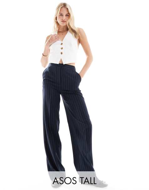 ASOS DESIGN Tall tailored wide leg dad trousers in navy stripe - view 1