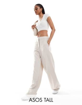 ASOS Tall ASOS DESIGN Tall tailored wide leg dad trousers in stone-Neutral