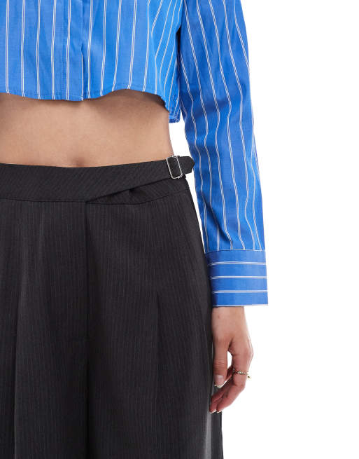 ASOS DESIGN Tall tailored wide leg pants with asymmetric buckle detail in grey stripe, 3 of 5