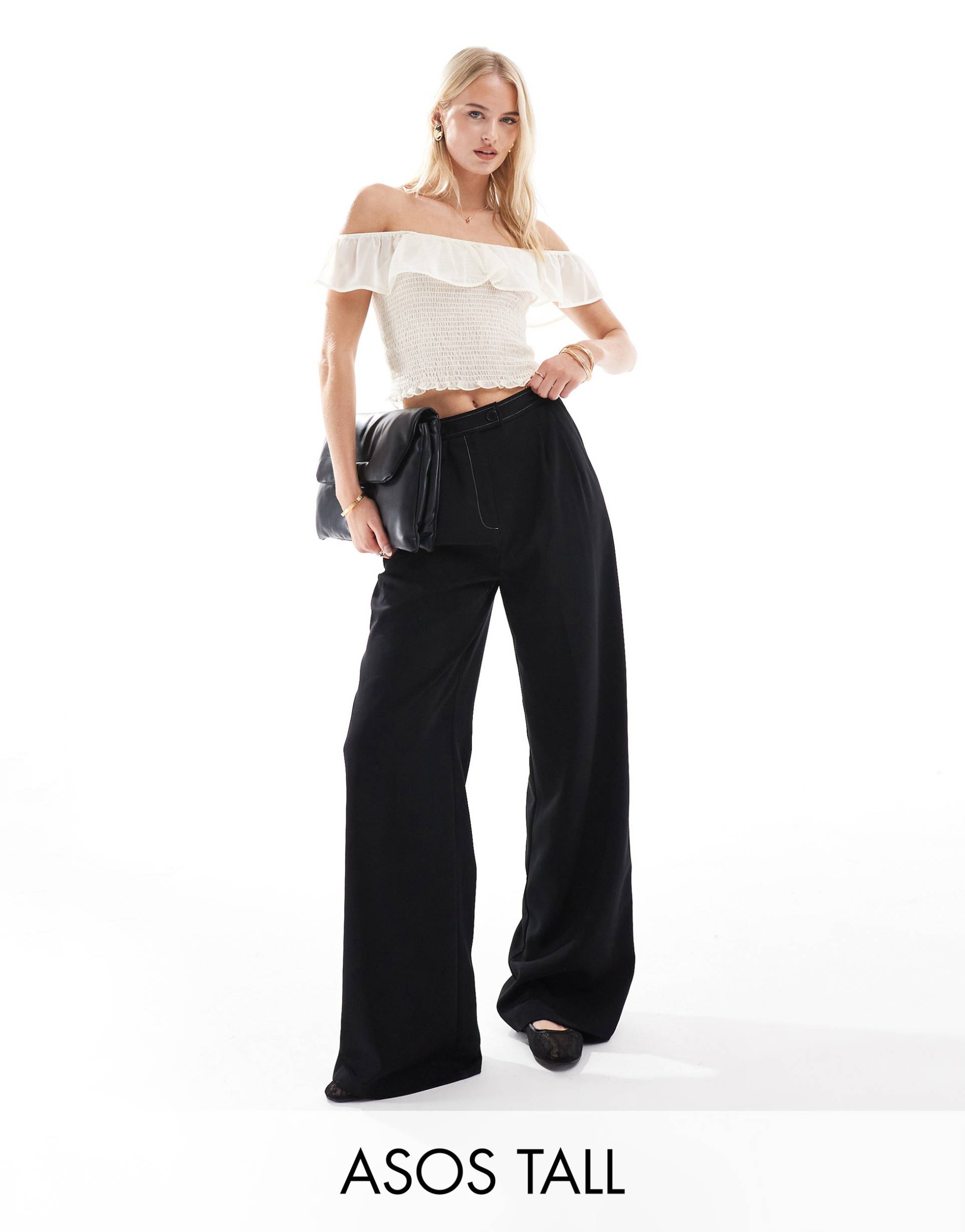 asos design tall tailored wide leg pants with contrast stitch detail in black