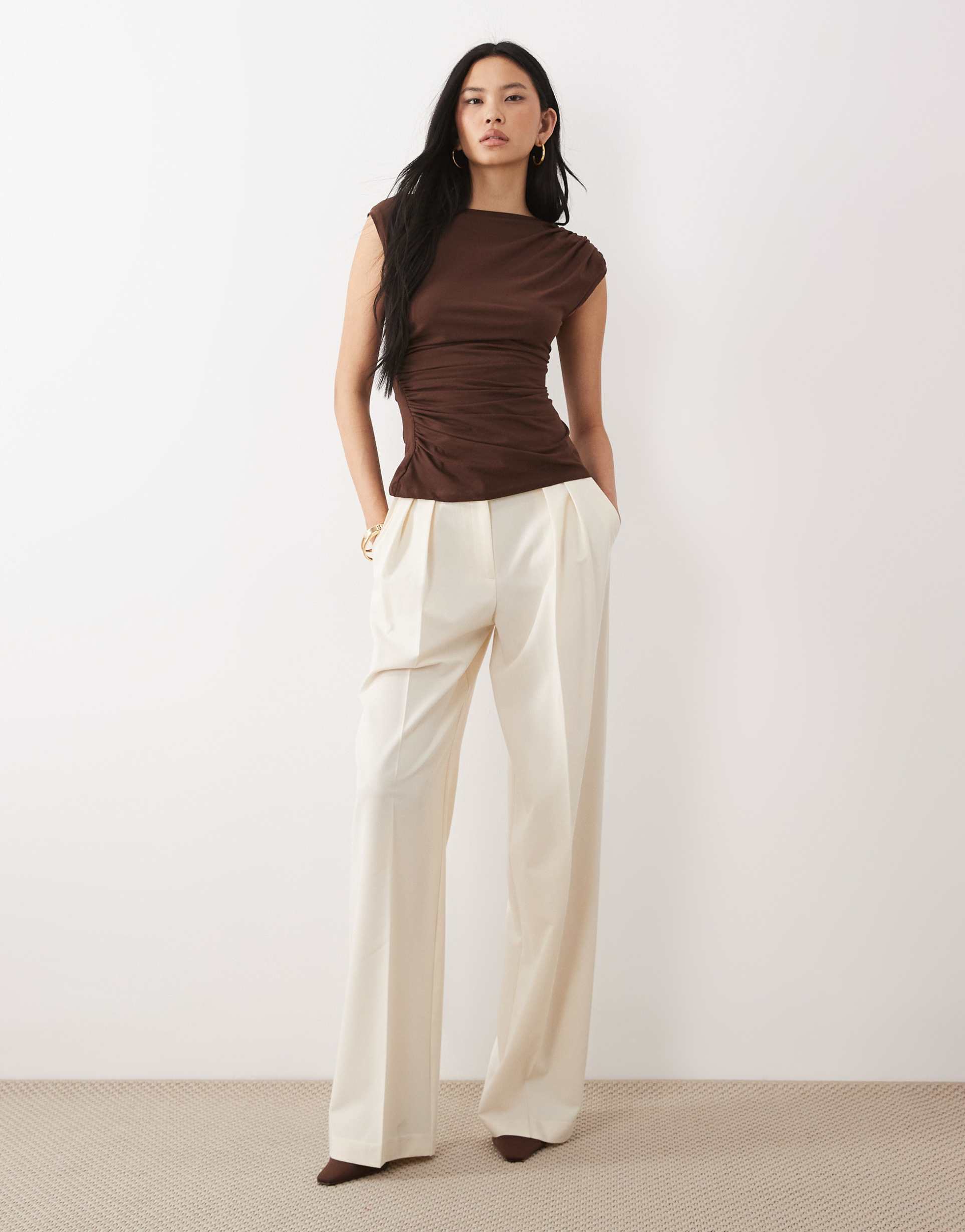 asos design tall tailored wide leg pants with pleat detail in cream