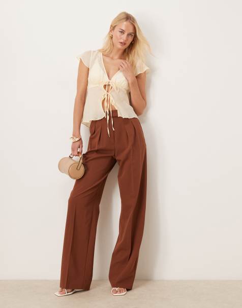 ASOS DESIGN Tall tailored wide leg pants with pleat detail in dark caramel - view 1