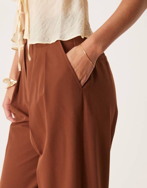 ASOS DESIGN Tall tailored wide leg pants with pleat detail in dark caramel
