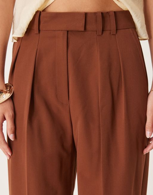 ASOS DESIGN Tall tailored wide leg pants with pleat detail in dark caramel