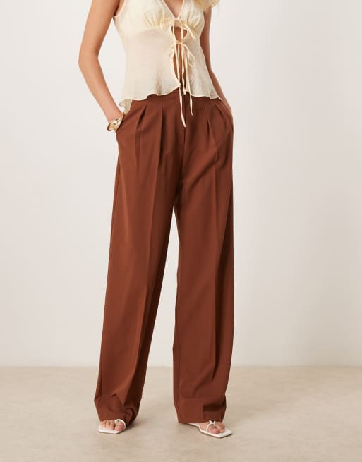 ASOS DESIGN Tall tailored wide leg pants with pleat detail in dark caramel