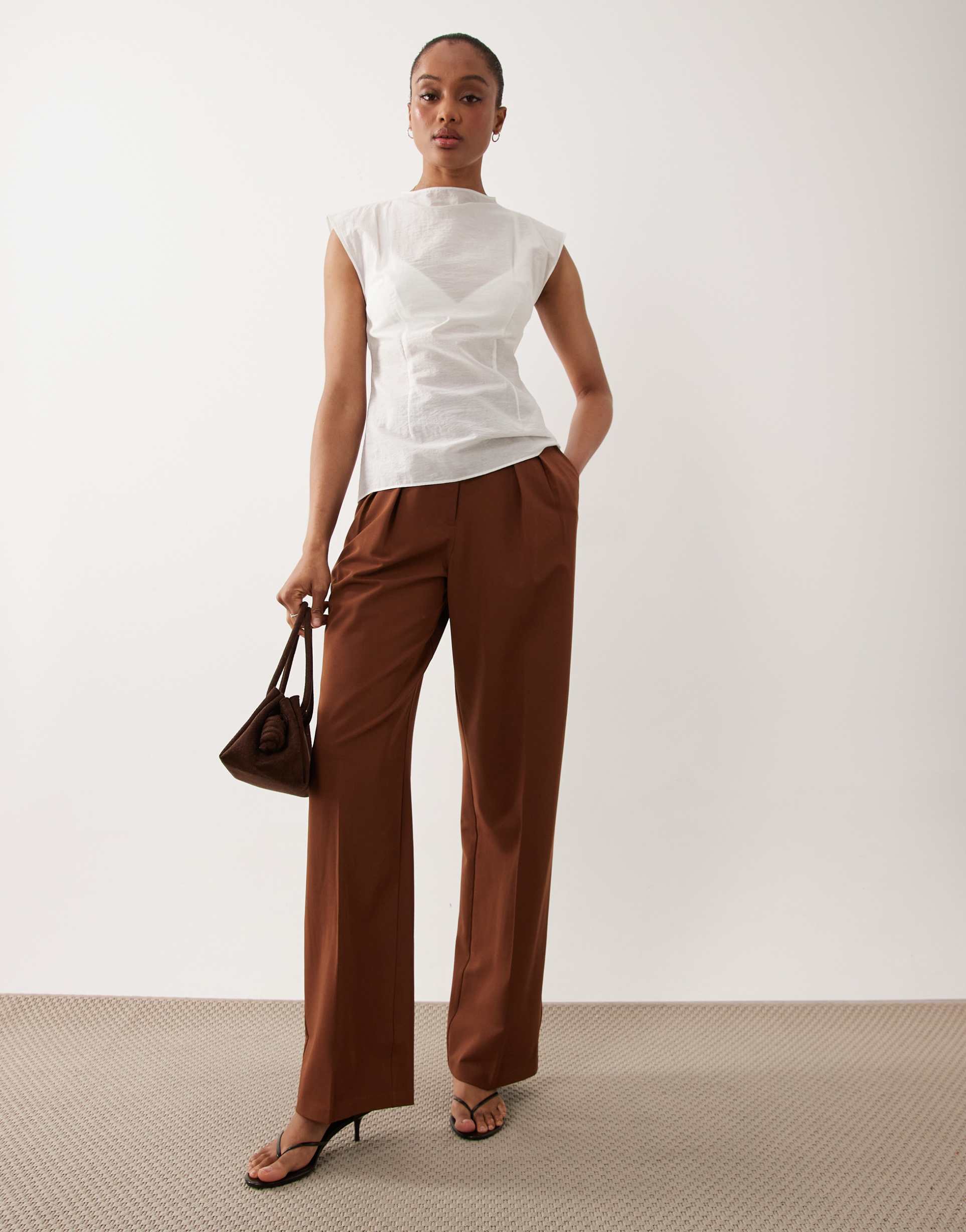 asos design tall tailored wide leg pants with pleat detail in dark caramel