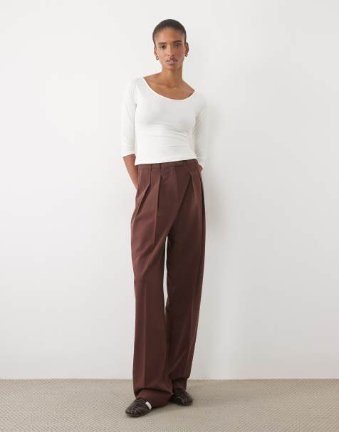 ASOS DESIGN Tall Tailored wide leg pants with pleat detail in deep brown - view 1