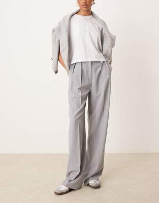 Tall tailored wide leg pants with pleat detail in gray stripe-Multi