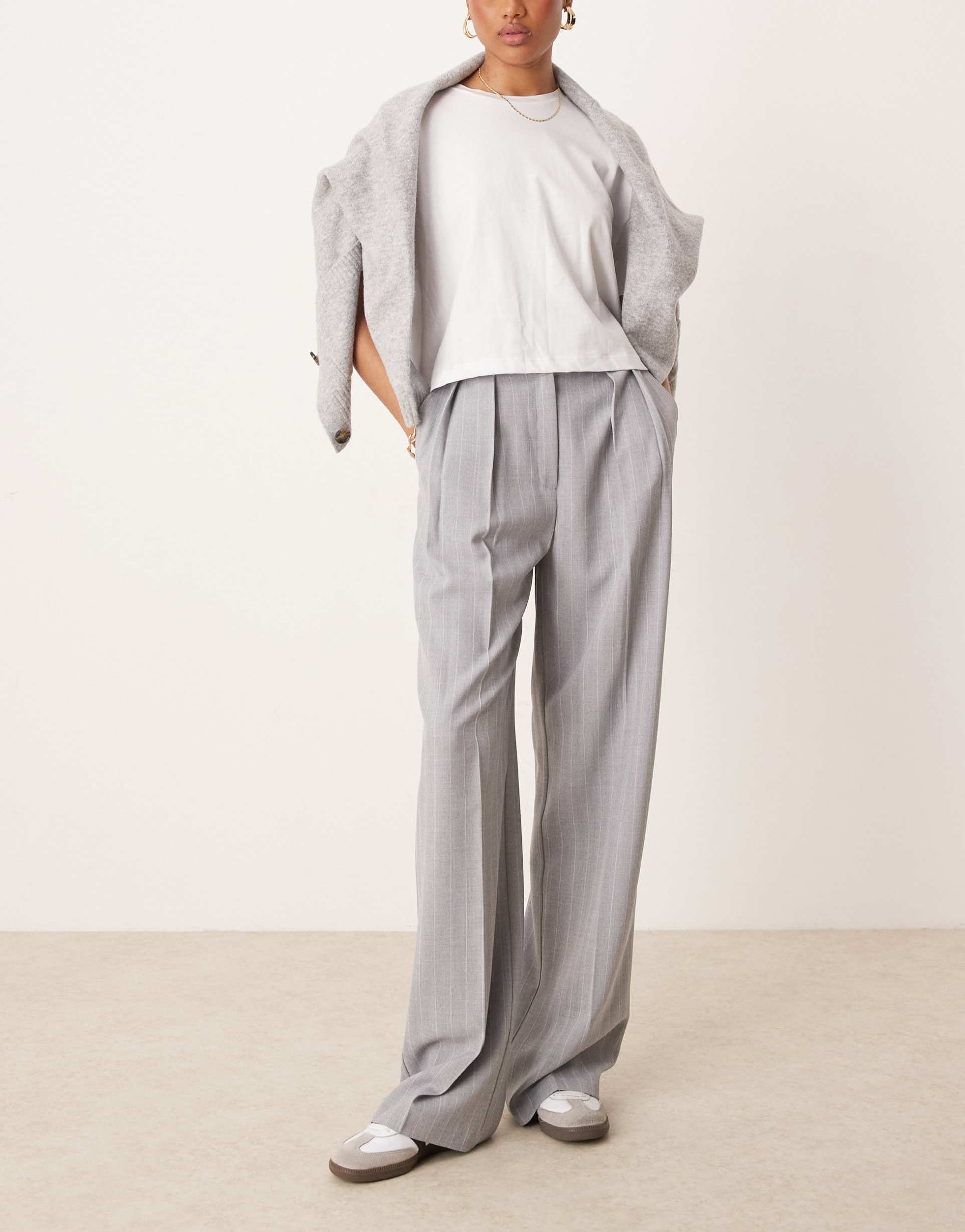 asos design tall tailored wide leg pants with pleat detail in gray stripe