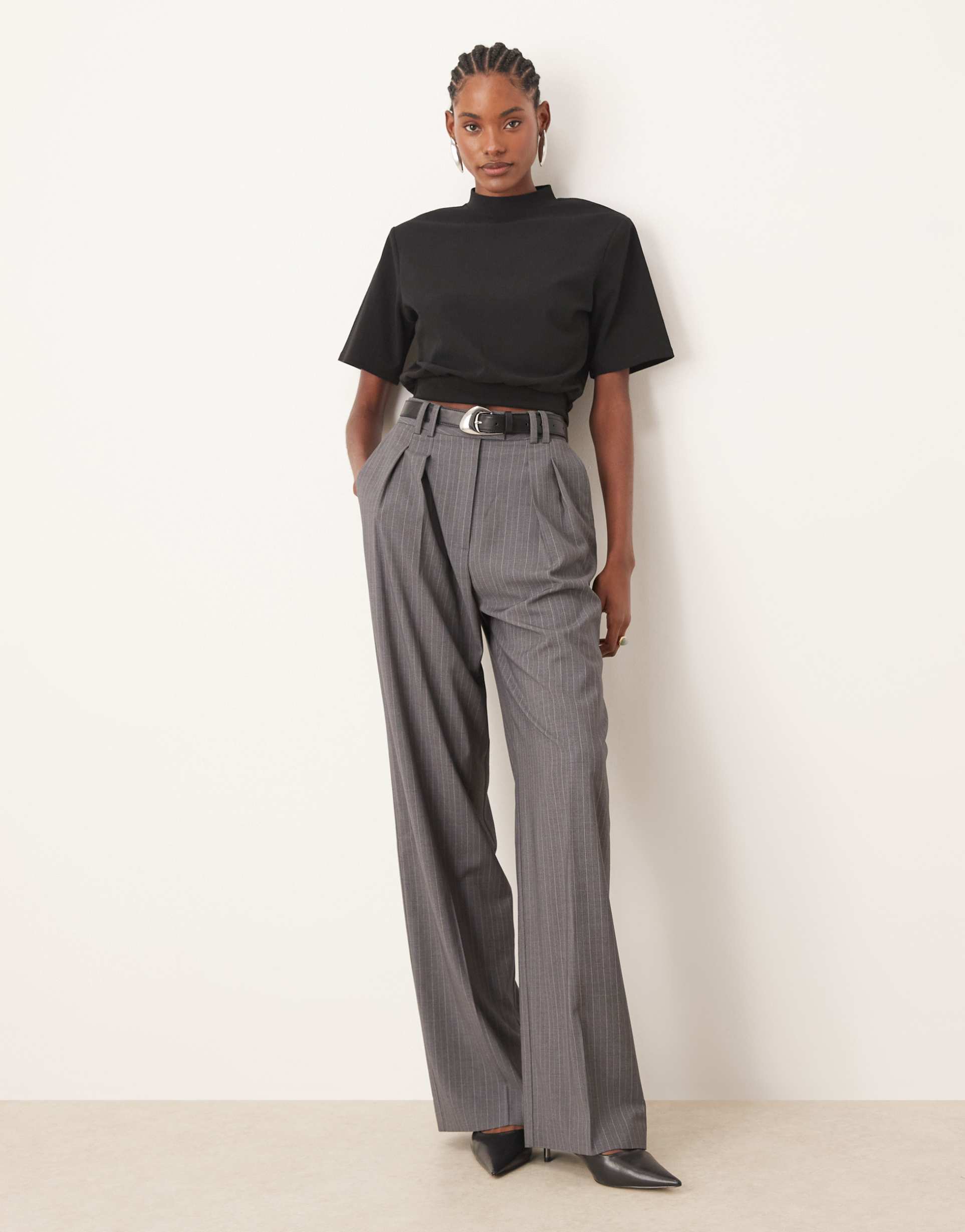 asos design tall tailored wide leg pants with pleat detail in gray stripe