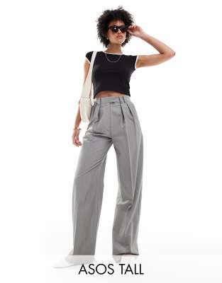 ASOS DESIGN Tall tailored wide leg pants with pleat detail in gray