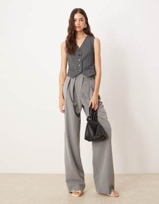 Asos Design Tall Tailored Wide Leg Pants With Pleat Detail In Gray