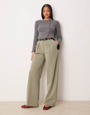 Asos Design Tall Tailored Wide Leg Pants With Pleat Detail In Khaki-green