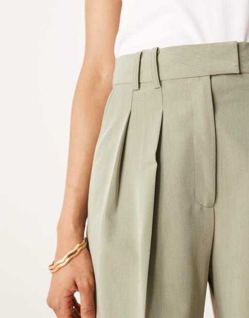 ASOS DESIGN Tall tailored wide leg pants with pleat detail in khaki