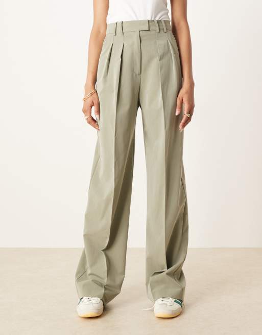ASOS DESIGN Tall tailored wide leg pants with pleat detail in khaki