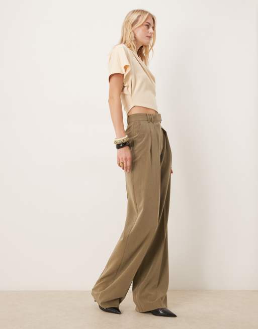 ASOS DESIGN Tall tailored wide leg pants with pleat detail in olive