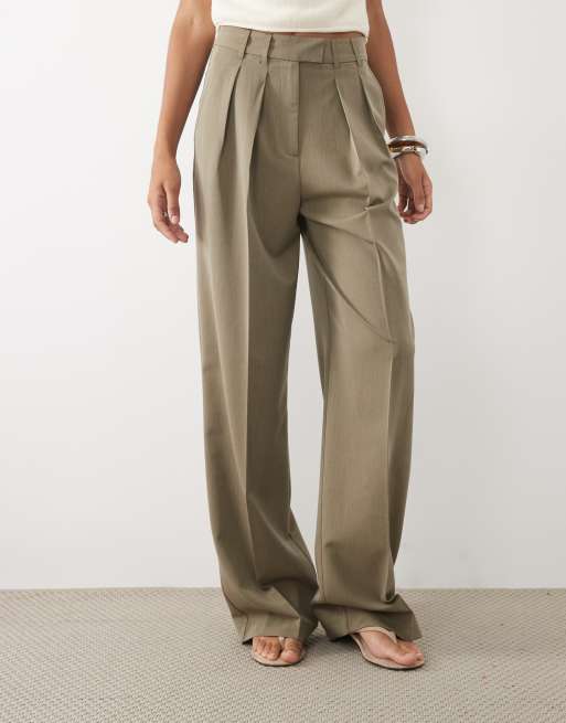ASOS DESIGN Tall tailored wide leg pants with pleated detailing in heathered olive, 2 of 5