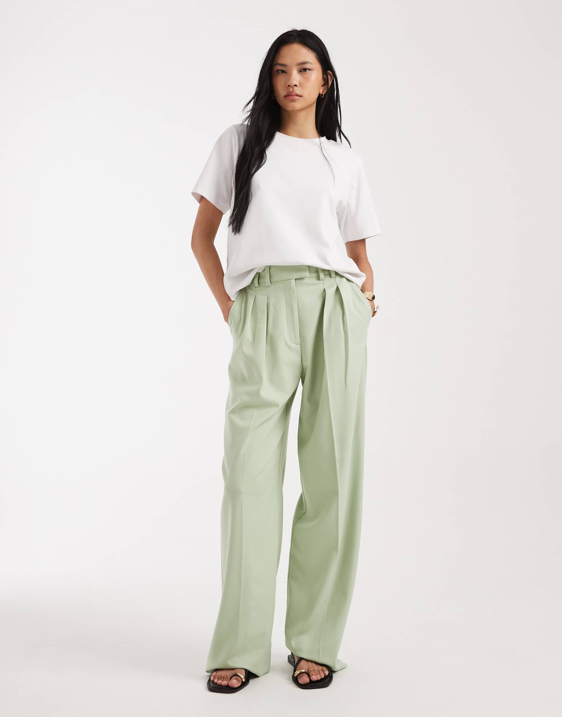 asos design tall tailored wide leg pants with pleated detailing in sage