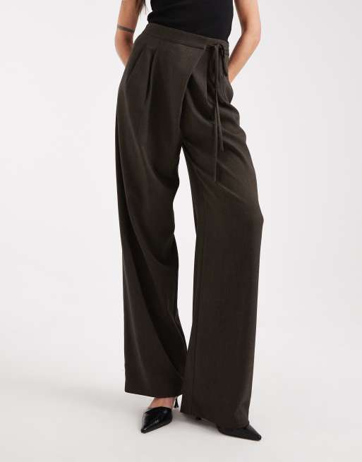 ASOS DESIGN Tall tailored wide leg pants with wrap tie detail in brown herringbone, 3 of 5