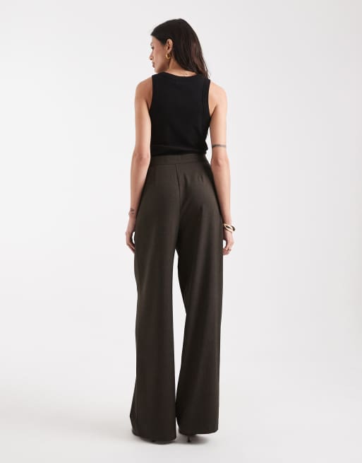 ASOS DESIGN Tall tailored wide leg pants with wrap tie detail in brown herringbone, 5 of 5