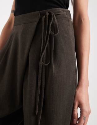 Asos Tall Asos Design Tall Tailored Wide Leg Pants With Wrap Tie Detail In Brown