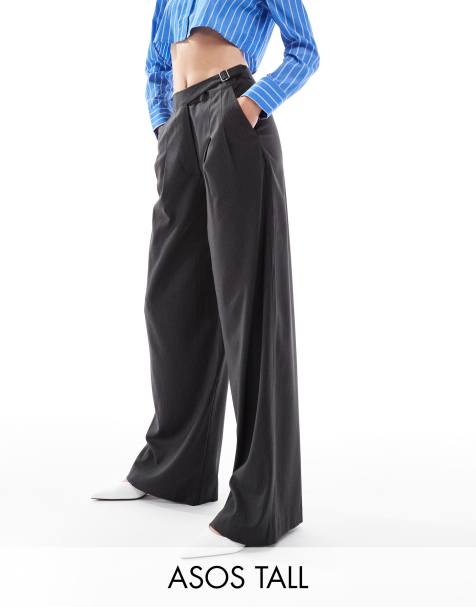 ASOS DESIGN Tall tailored wide leg trouser with asymmetric buckle detail in grey stripe - view 1