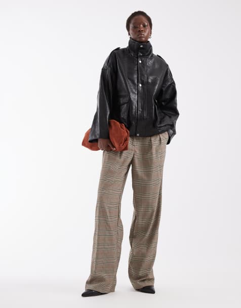 ASOS DESIGN Tall tailored wide leg trousers with pleat detail in brown check - view 1