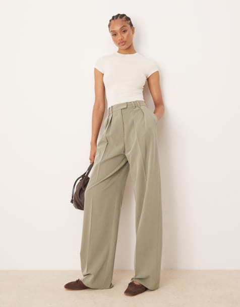 ASOS DESIGN Tall tailored wide leg trousers with pleat detail in khaki - view 1