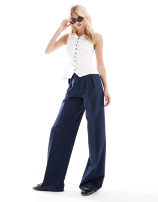 ASOS DESIGN Tall tailored wide leg trousers with pleat detail in navy