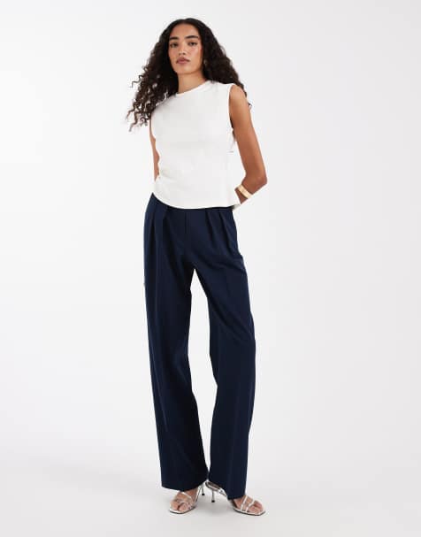 ASOS DESIGN Tall tailored wide leg trousers with pleat detail in navy