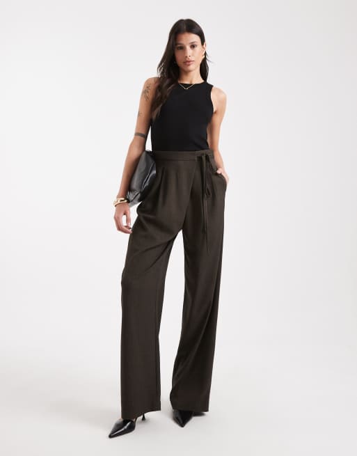 ASOS DESIGN Tall tailored wide leg trousers with wrap tie detail in brown