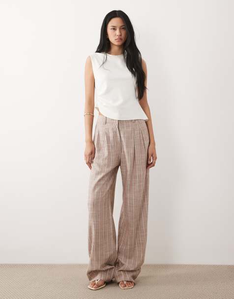 ASOS DESIGN Tall tailored wide leg turn up trousers with linen in stripe 