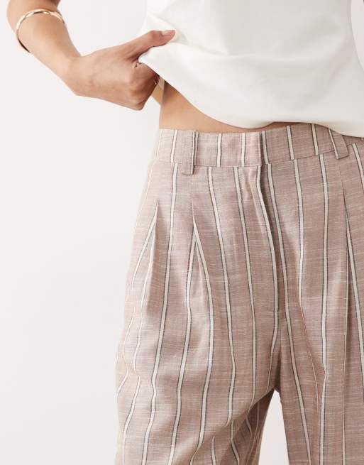 ASOS DESIGN Tall tailored wide leg turn up trousers with linen in stripe , 3 of 5